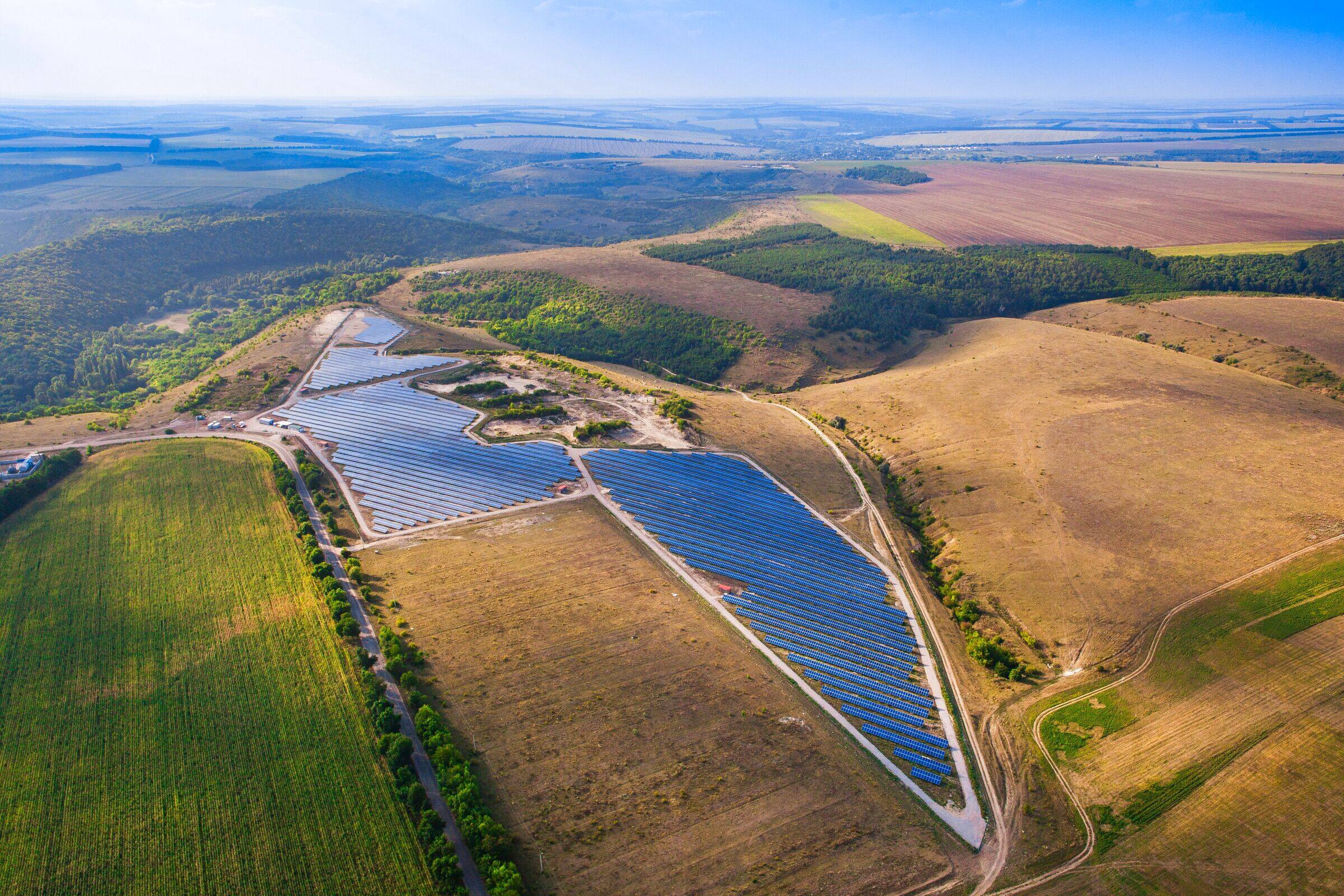 Aerial view of a completed solar farm
