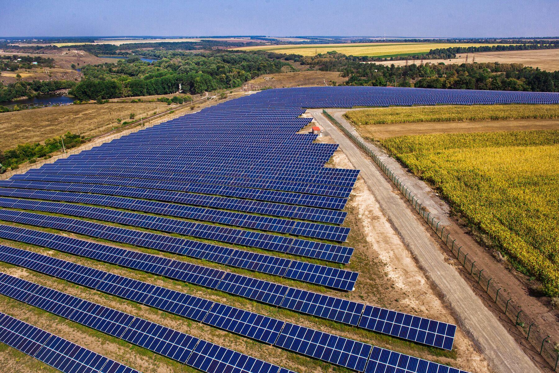 Aerial of a hillside solar project